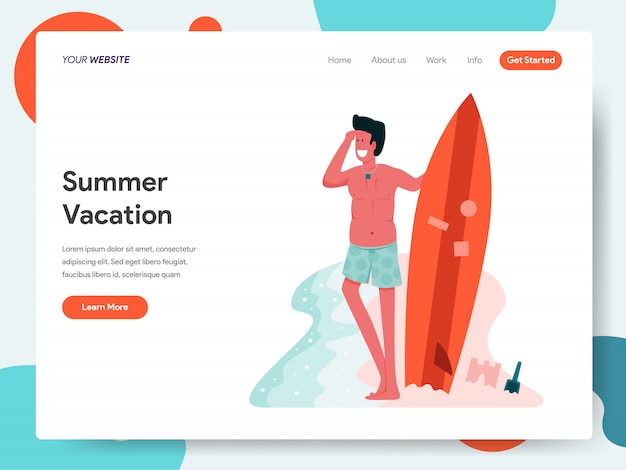 Homem posando com um banner de prancha de surf para landing page Vetor Premium