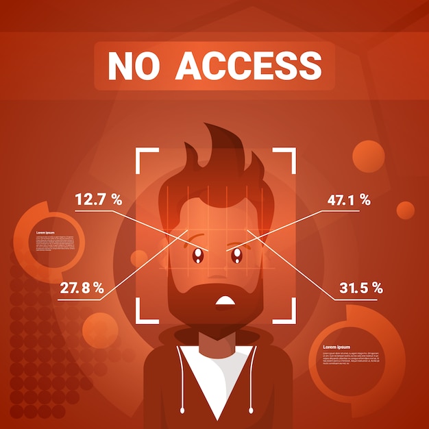 Homem que não obtém nenhum acesso após a identificação da cara que faz a varredura da tecnologia moderna do conceito biométrico do reconhecimento Vetor Premium