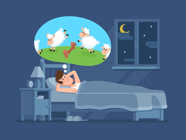 Homem sem dormir na cama tentando adormecer contando ovelhas pulando. conde ovelhas para o conceito de vetor de desenhos animados de insônia Vetor Premium