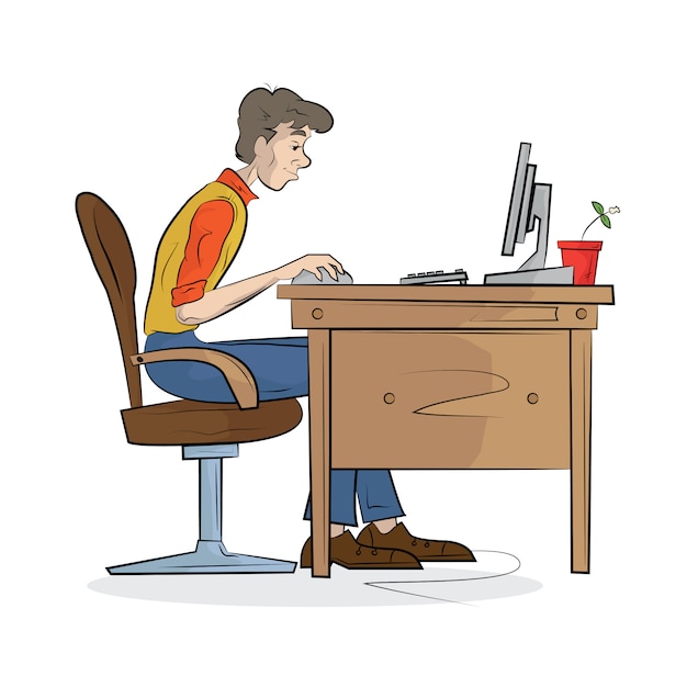 Homem Trabalha No Computador Ilustra O Vetor Premium
