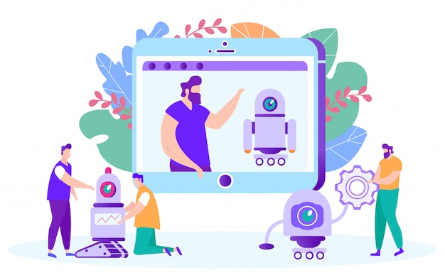 Homens aprendem trabalho com robôs Vetor Premium