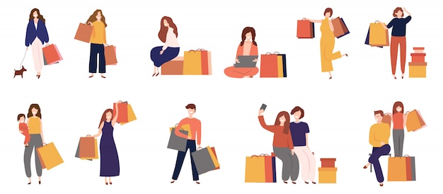 Homens e mulheres de compras com saco Vetor Premium