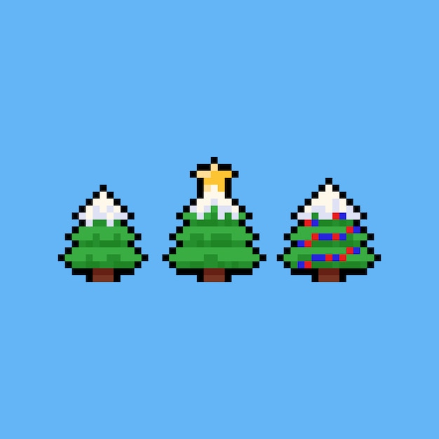 Ícone da árvore de natal dos desenhos animados da arte pixel com neve coberta. Vetor Premium