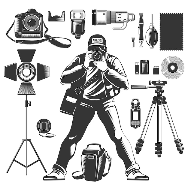 Icone Do Fotografo Vintage Preto Com Elementos De Homem E Equipamentos Para O Trabalho Vetor Gratis
