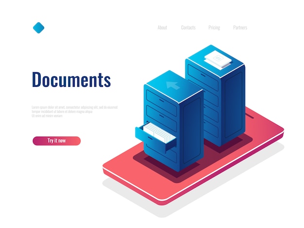 Ícone isométrico de gerenciamento de documentos, gabinete com documentos, gerenciador de arquivos on-line, armazenamento de dados em nuvem Vetor grátis