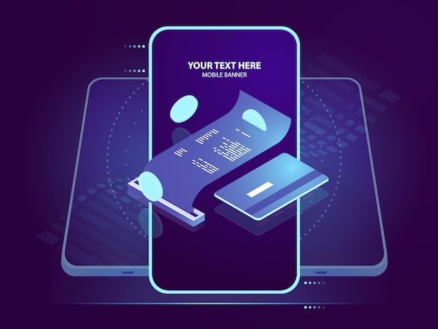 Ícone isométrico de pagamento de elétrons, pagar recibo com cartão de crédito, segurança bancária on-line Vetor grátis