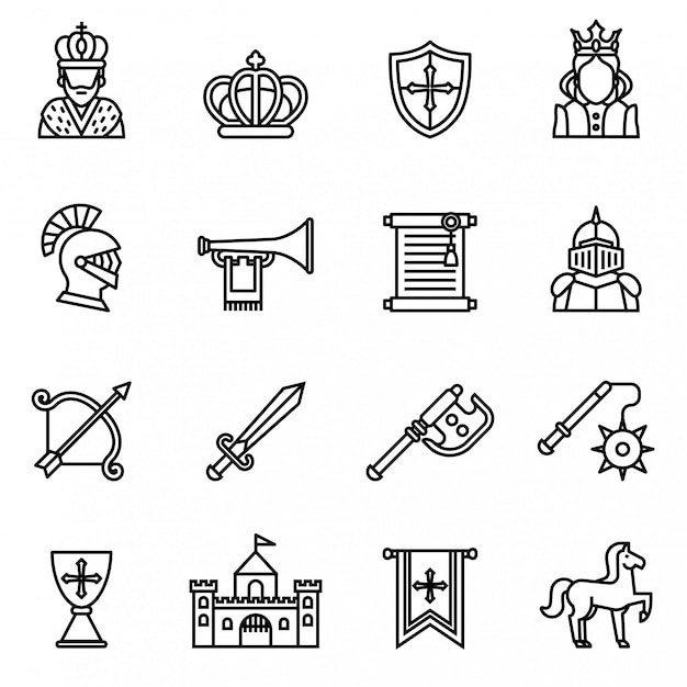 Ícone medieval do ícone ajustado com fundo branco. vetor de estoque de estilo de linha fina. Vetor Premium