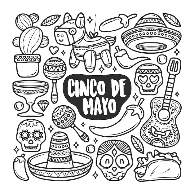 Ícones cinco de mayo mão desenhada doodle para colorir Vetor Premium