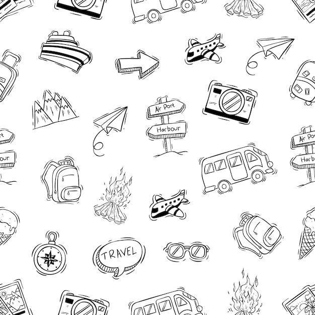 Ícones de acampamento bonitos no padrão sem emenda com doodle ou mão estilo desenhado Vetor Premium