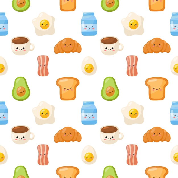Ícones de caracteres de comida de café da manhã conjunto padrão sem emenda isolado no fundo branco. Vetor Premium