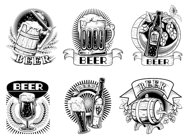 Ícones de cerveja ou emblemas com espuma de bebida de álcool Vetor grátis