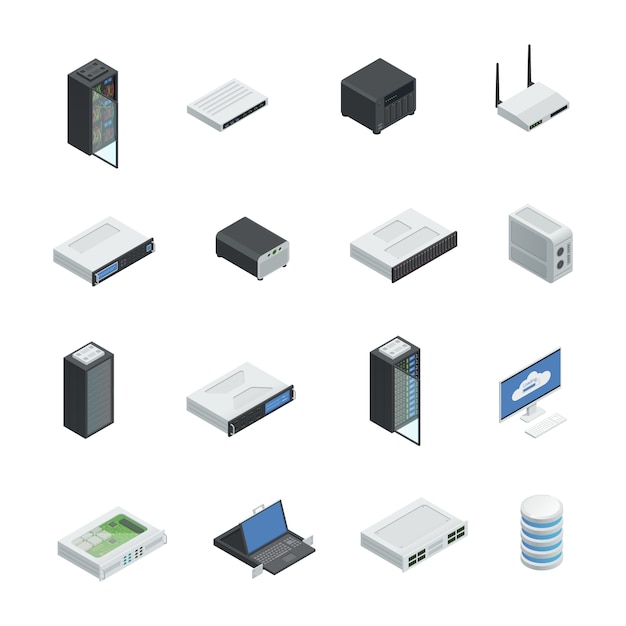 Ícones isométricos de computação em nuvem servidor datacenter conjunto com imagens isoladas Vetor grátis