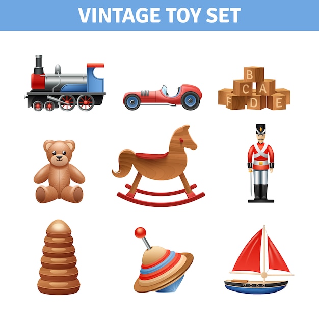 Ícones realistas de brinquedo vintage cravejado de ursinho de pelúcia navio e soldado Vetor grátis