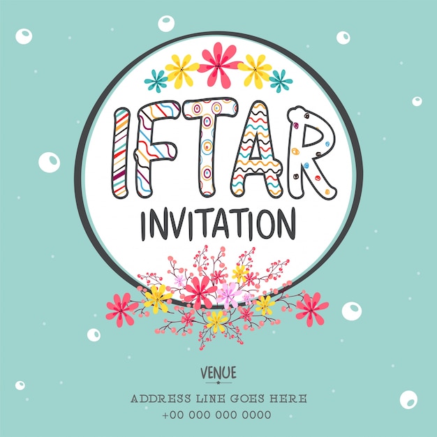 Iftar convite com decoração de flores coloridas, pode ser usado como design de cartaz, banner ou folheto, conceito do festival de comunidade muçulmana. Vetor grátis
