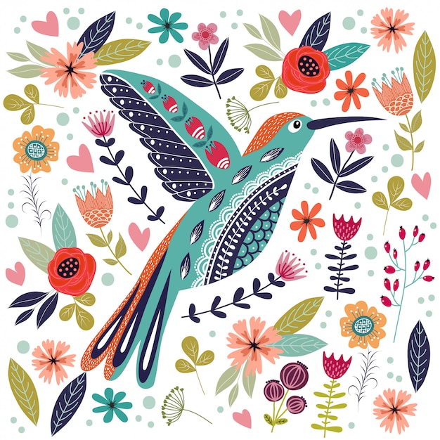 Ilustração colorida com belo pássaro folclórico abstrato e flores. Vetor Premium