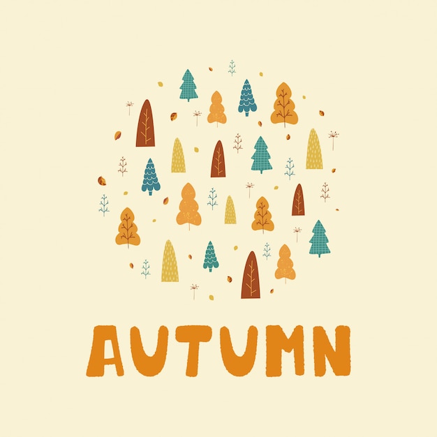 Ilustração com árvores, folhas e texto outono em estilo escandinavo Vetor Premium