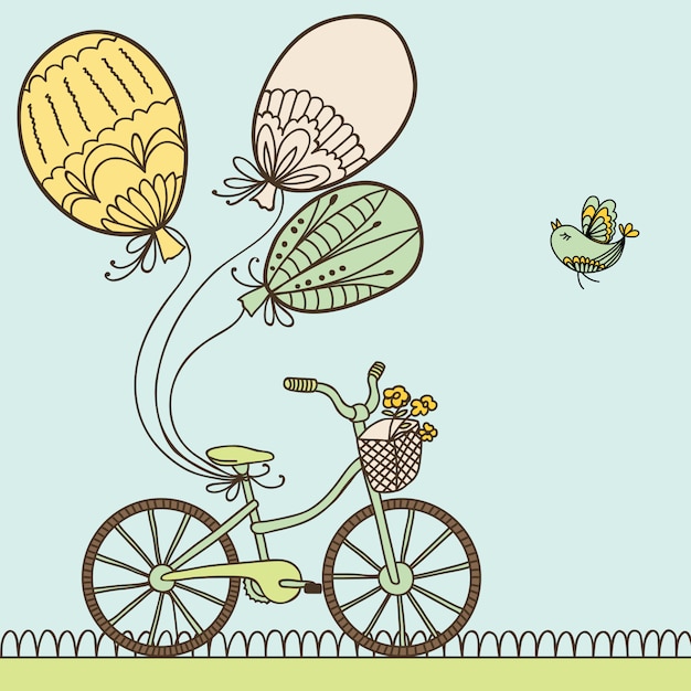 Ilustração com bicicleta, balões e lugar para o seu texto. Vetor Premium