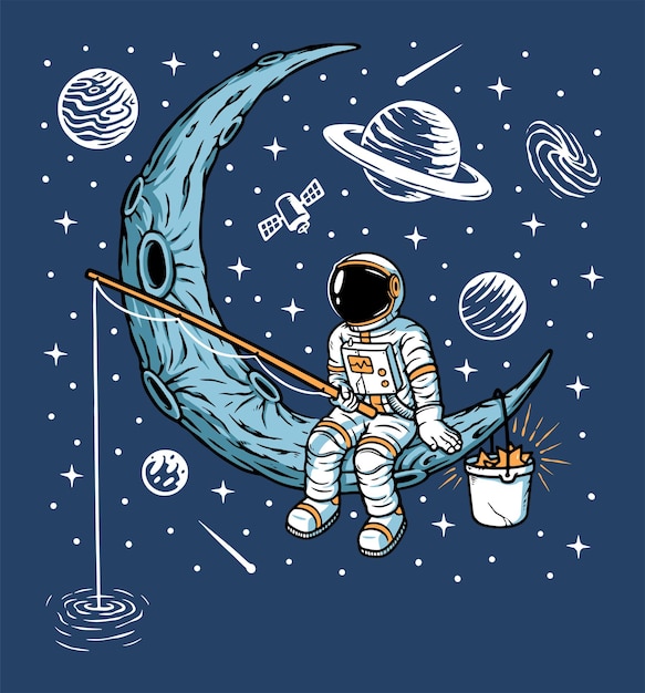 Ilustra O De Astronautas Pescando Na Lua Vetor Premium