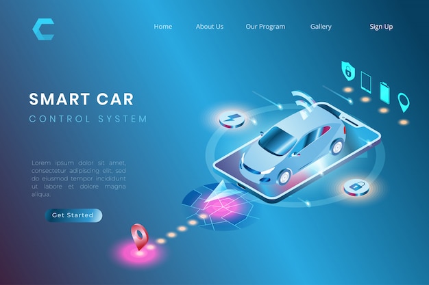Ilustração de carro inteligente com sistema de automação autônomo, controle de sistema iot no estilo 3d sométrico Vetor Premium