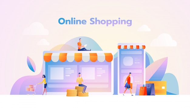 Ilustração de compras on-line personagens de pessoas plana com sacolas de compras Vetor Premium