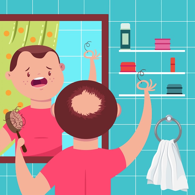 Ilustração de conceito de vetor de perda de cabelo. careca com um pente no banheiro se olha no espelho. personagem engraçada dos desenhos animados. Vetor Premium