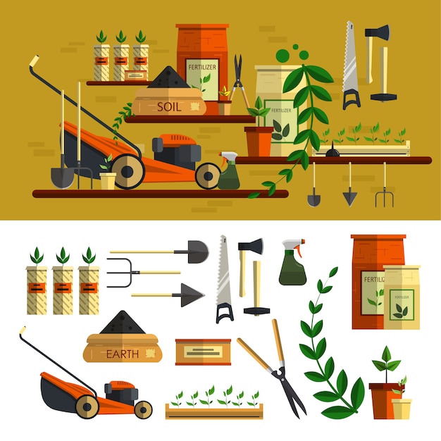 Ilustração de ferramentas de jardinagem. elementos do vetor definido no design de estilo simples. trabalhar no conceito de jardim. cortador de grama, solo, ferramentas, flores, materiais para plantio. Vetor Premium