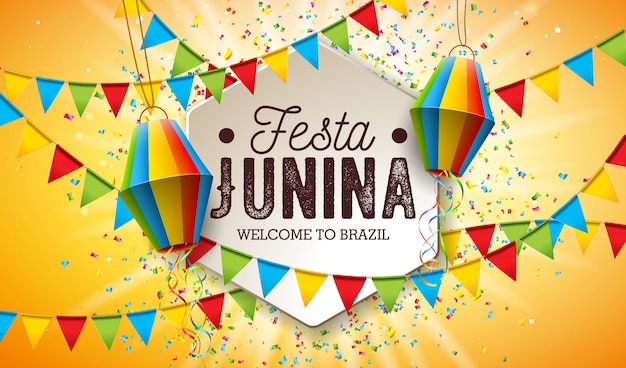 Ilustração de festa junina com bandeiras do partido e lanterna de papel Vetor Premium