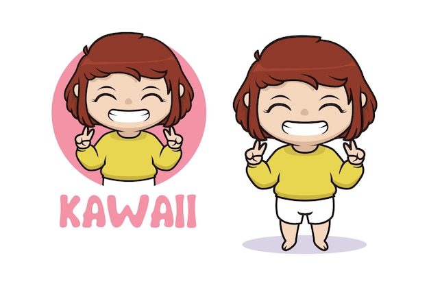 Ilustracao De Garota Feliz Kawaii Chibi Vetor Premium