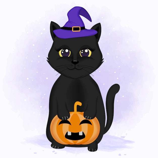 Ilustracao De Halloween Desenhada A Mao Com Um Gato Preto Fofo E Uma Abobora Vetor Premium