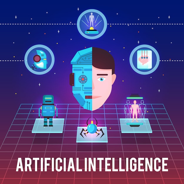 Ilustração de inteligência artificial com cyborg cara ícones hi-tech e figuras robóticas sobre fundo estelar Vetor grátis