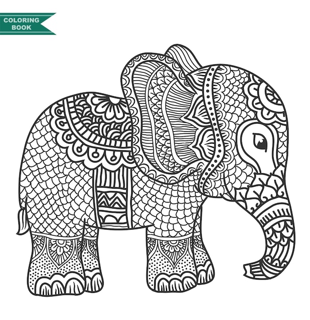 Ilustração de livro de colorir elefante animal zentangle Vetor Premium