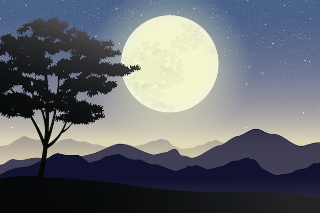 Ilustração de lua cheia nas montanhas e paisagem ...