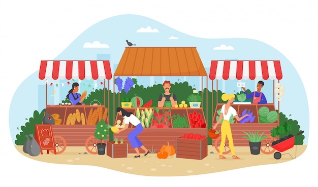 Ilustração de mercado de fazenda de alimentos orgânicos personagem de vendedor de fazendeiro