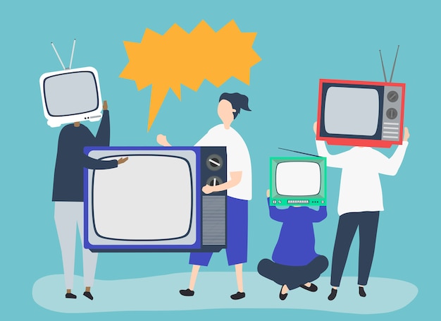 Ilustração de personagens de pessoas com ícones de tv analógicos Vetor grátis