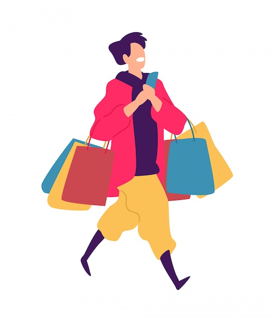 Ilustração, de, um, sujeito jovem, com, compras Vetor Premium