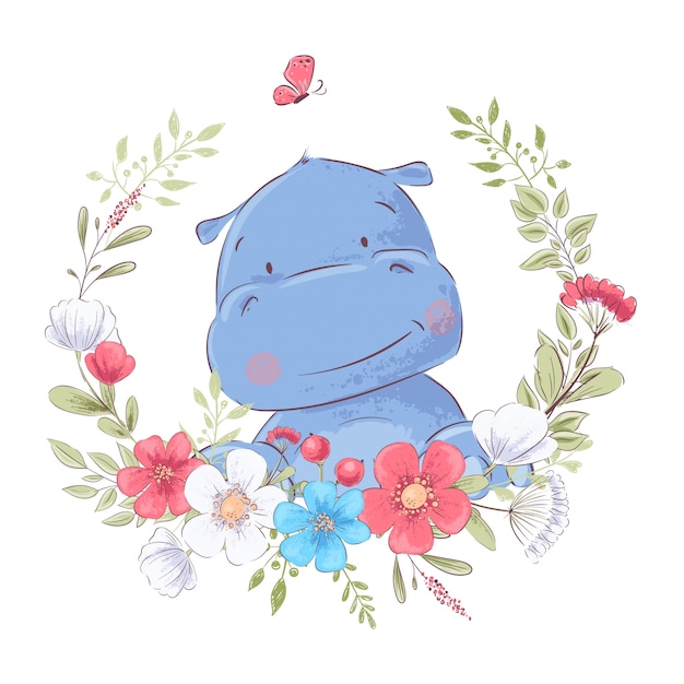 Ilustração de uma cópia para o hipopótamo bonito da roupa da sala das crianças s em uma grinalda de flores vermelhas, brancas e azuis. Vetor Premium
