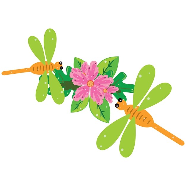 Ilustração de uma libélula verde no cimo de flores e folhas Vetor Premium