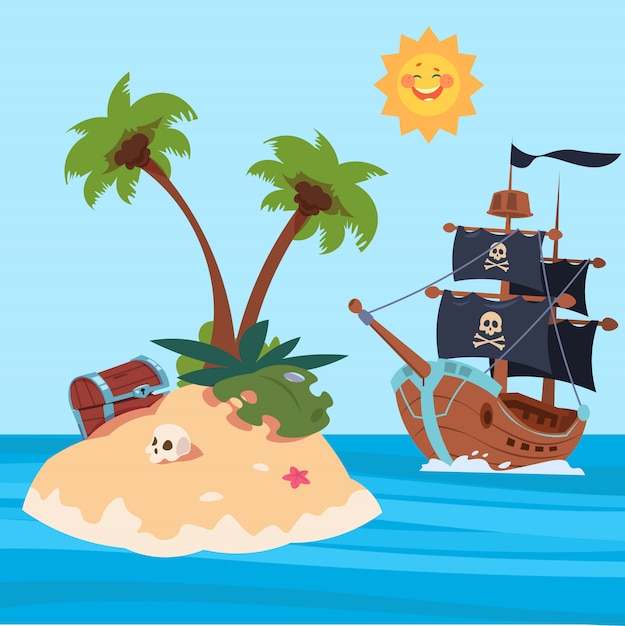 Ilustra O Em Vetor Ilha Piratas Navio E Tesouros Vetor Premium