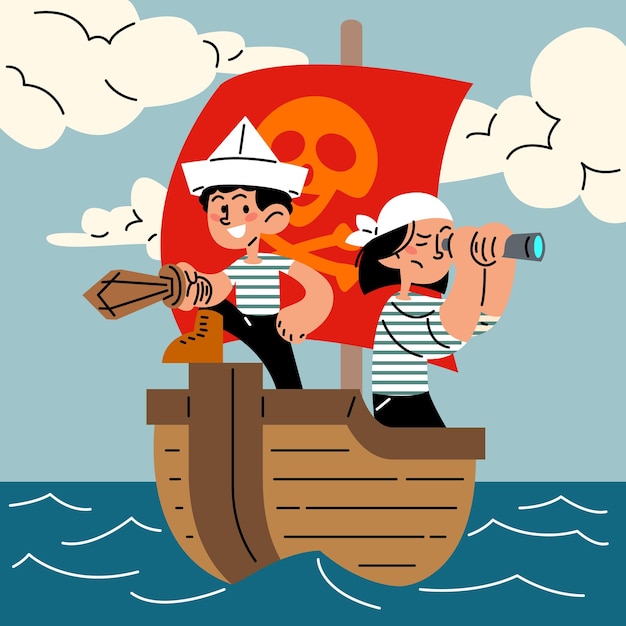 Ilustração Em Vetor Plana Feliz Pirata Crianças Vetor Premium