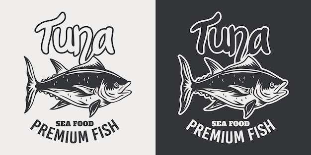 Ilustração isolada retro dos peixes de atum do emblema do vintage em um branco. Vetor Premium