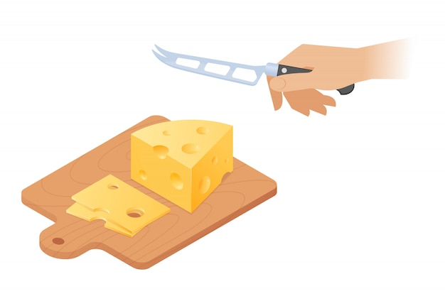 Ilustração isométrica do vetor liso da placa de corte, parte da cabeça do queijo, mão com faca de cozinha. Vetor Premium