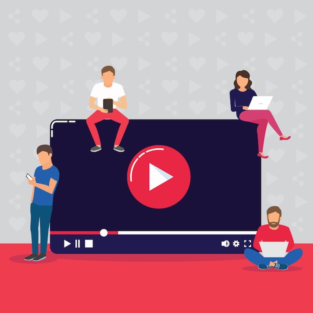 Ilustração video do conceito dos jovens que usam dispositivos móveis, pc da tabuleta e smartphone para ao vivo a observação de um vídeo através do internet. Vetor Premium