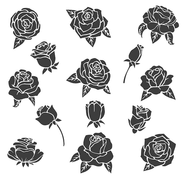 Ilustrações pretas de rosas silhueta de plantas diferentes Vetor