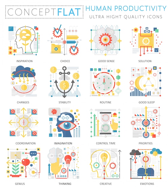 Infográficos mini conceito ícones de produtividade humana para web. Vetor Premium