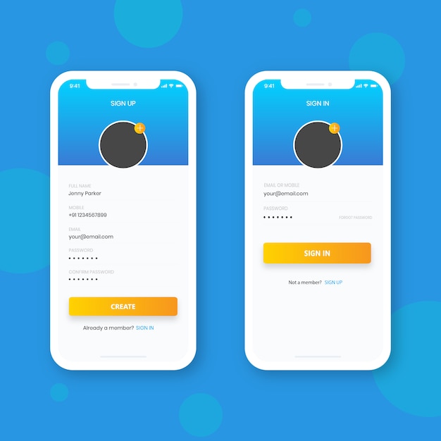 Inscreva-se e inscreva-se com telefone inteligente, design de interface de usuário Vetor Premium
