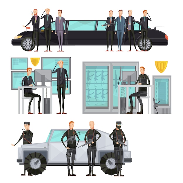 Inteligência agência colorida composição plana com segurança e carros de proteção e digitalização de ilustração vetorial Vetor grátis