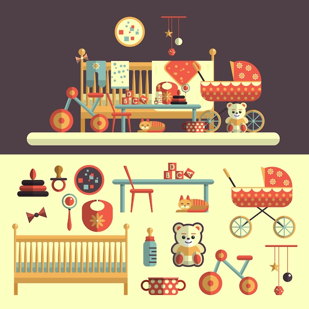Interior da sala do bebê e conjunto de brinquedos para crianças. ilustração vetorial no design de estilo simples. elementos isolados Vetor Premium