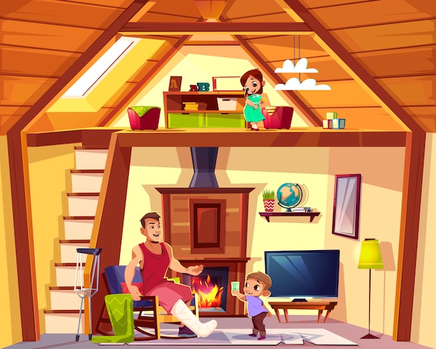 Interior dos desenhos animados do vetor da casa com a família. pai deficiente com o filho de ajuda na sala de visitas. menina Vetor grátis