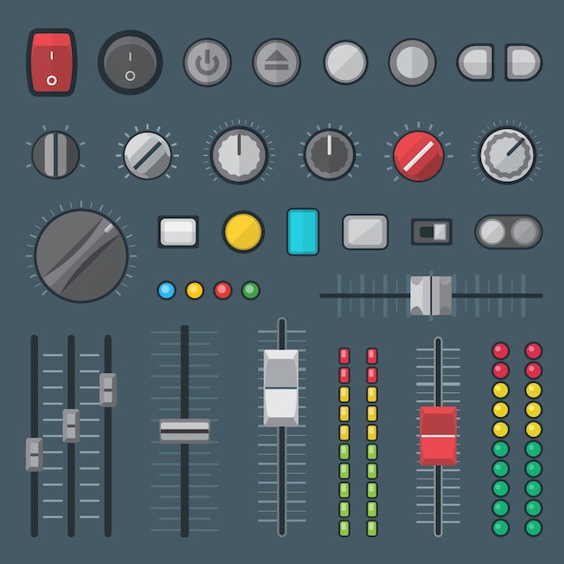 Interruptores de botões, faders, sliders, crossfaders e conjunto de indicadores Vetor Premium