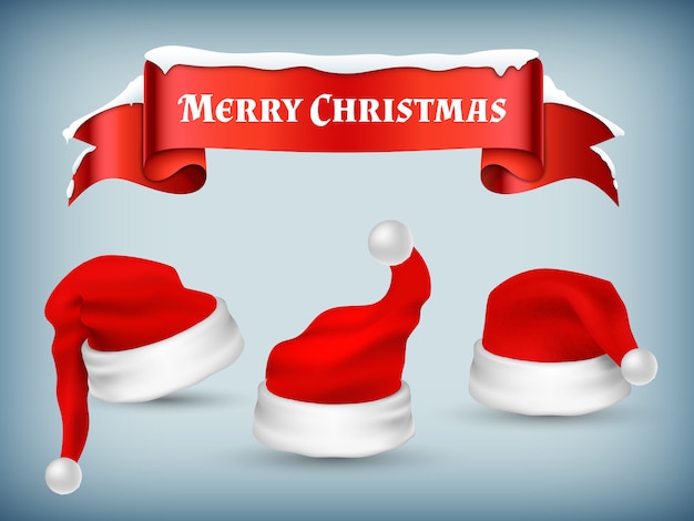 Inverno natal banner vector com chapéus de papai noel realistas e Vetor Premium